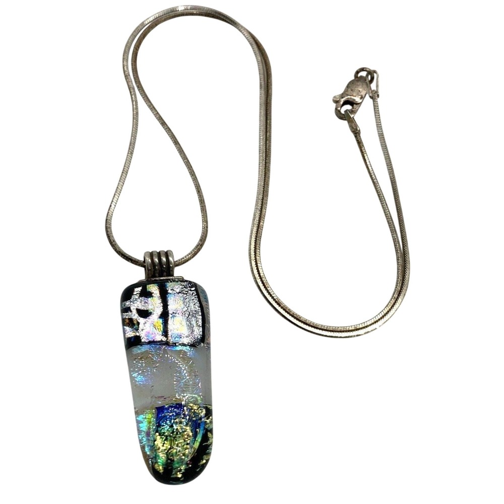 Vintage Dichroic‎ Glass Pendant 16'' Chain Necklace Sterling 925 Silver 8.9g